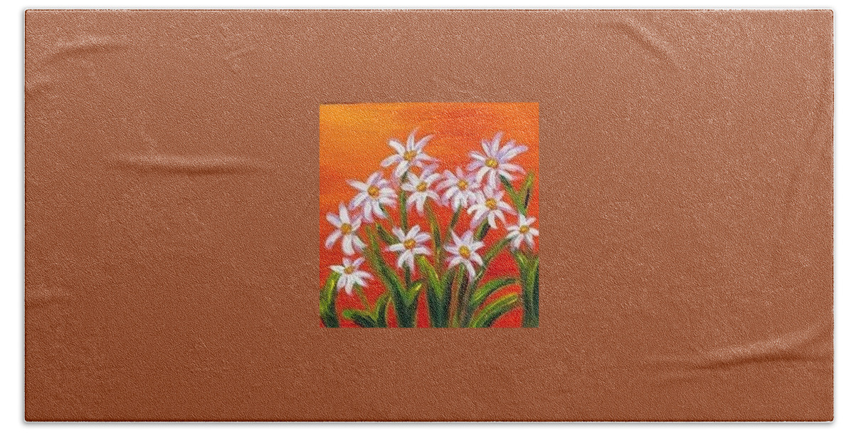 Flowers Hand Towel featuring the painting Daisies on Orange by Nancy Sisco