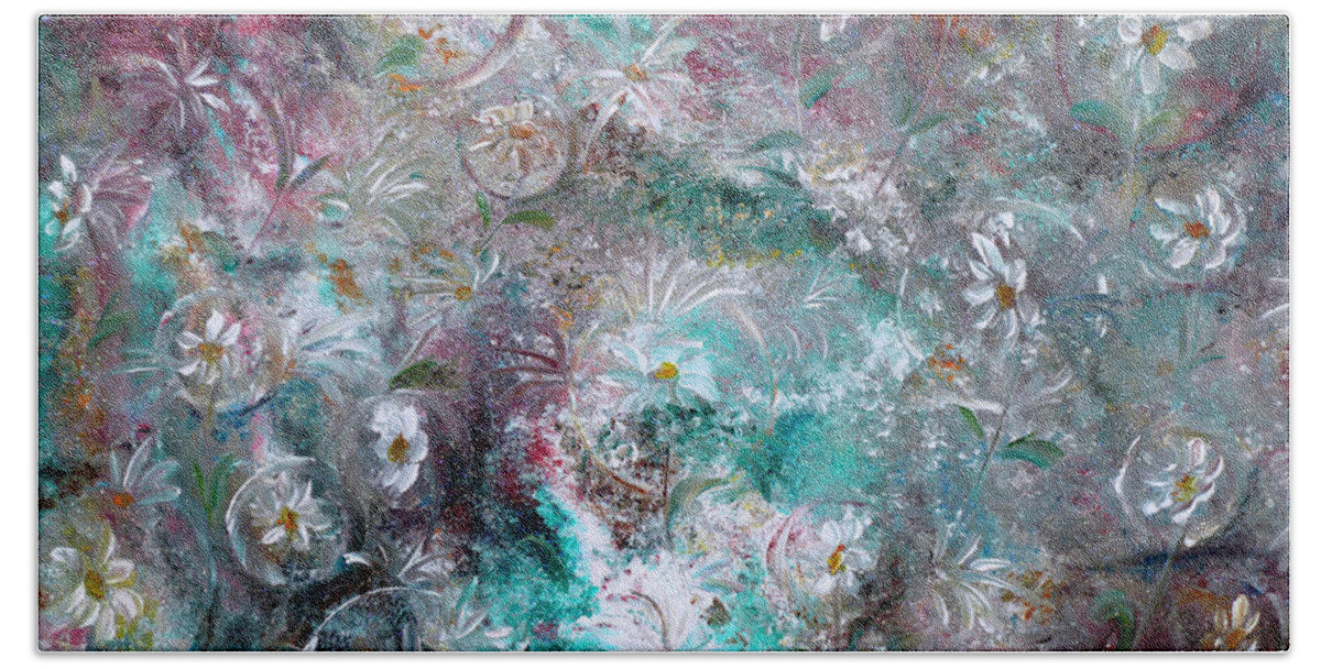 Original Flower Abstract Painting Bath Towel featuring the painting Daisy Dreamz by Karin Dawn Kelshall- Best