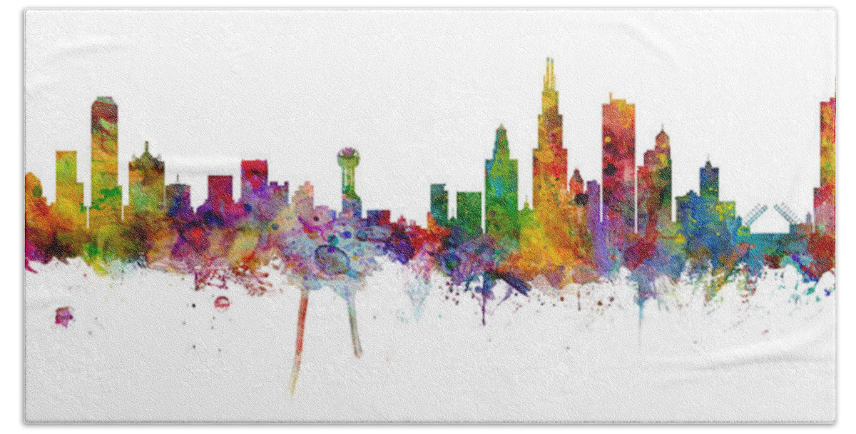 Chicago Hand Towel featuring the digital art Dallas and Chicago Skylines Mashup by Michael Tompsett