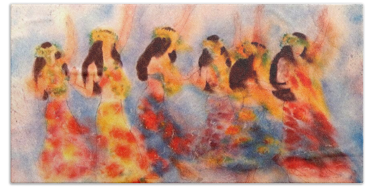 Hawaii Hand Towel featuring the painting Hula Dance, Dance Of Paradise by John YATO