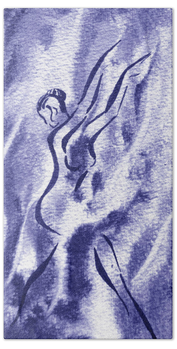 Abstract Dance Bath Towel featuring the painting Dancing Lady On The Wave Watercolor Abstract Water In Blue Purple Very Peri Decor XI by Irina Sztukowski