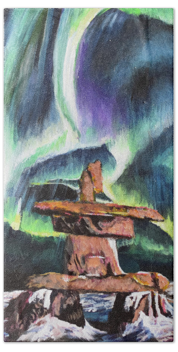 Inukshuk Bath Towel featuring the painting Dancing Lights - Churchill by Marilyn McNish