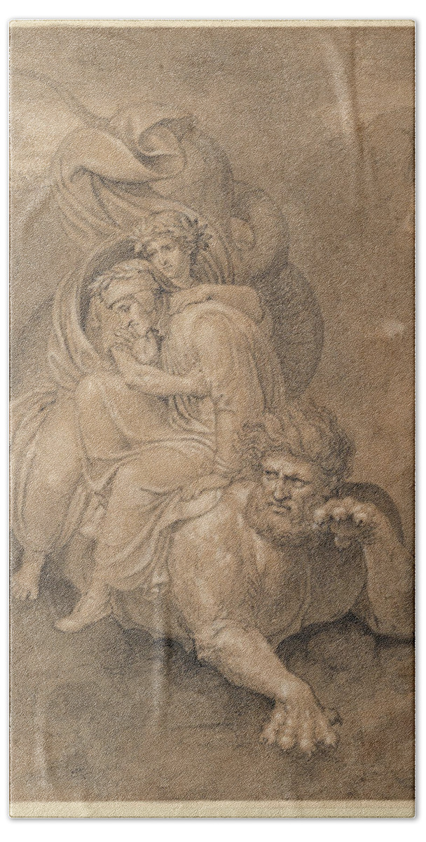 Bertel Thorvaldsen Bath Towel featuring the drawing Dante and Virgil on the back of Geryon by Bertel Thorvaldsen