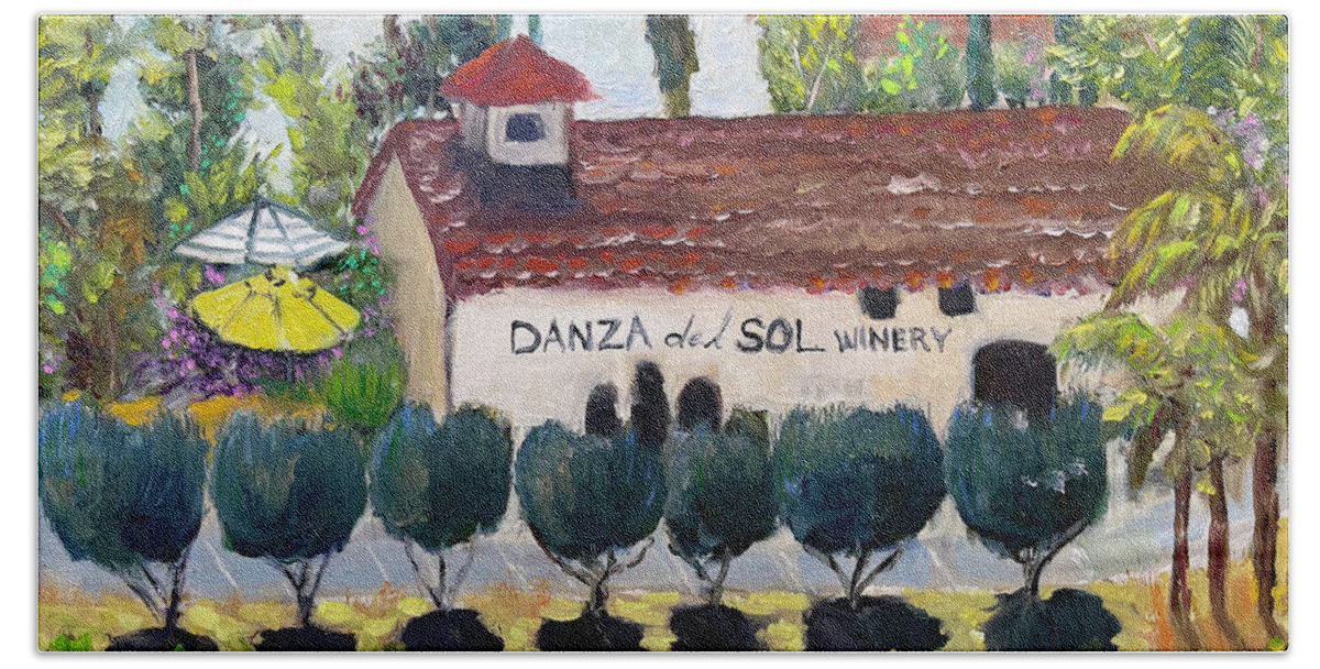Danza Del Sol Bath Towel featuring the painting Danza del Sol Winery by Roxy Rich