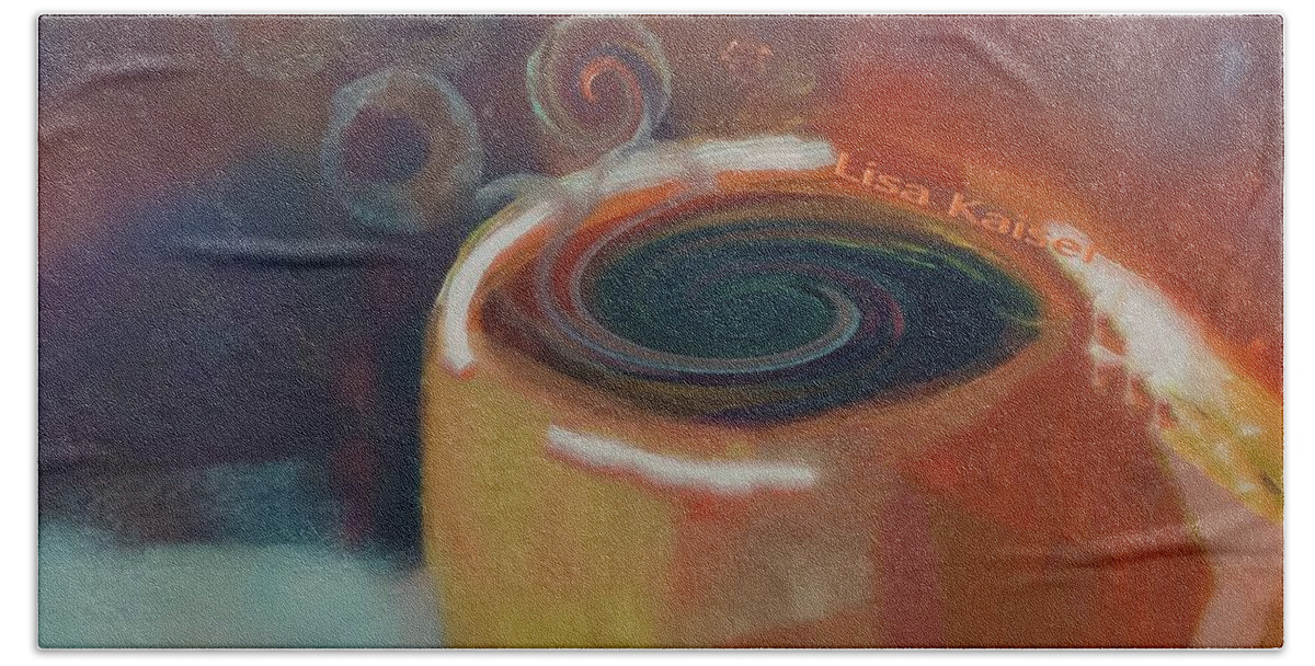 Cup Bath Towel featuring the painting Dark Morning Coffee Warm and Aramatic by Lisa Kaiser