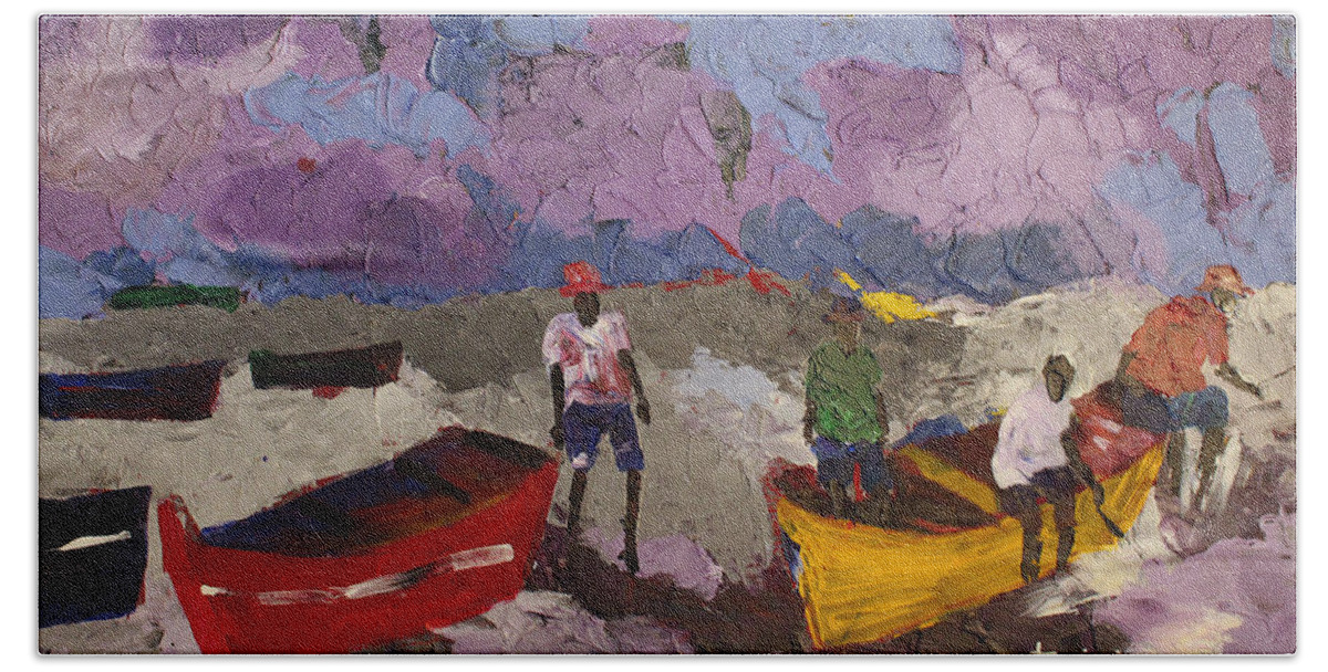 African Art Bath Towel featuring the painting Dark Purple Fishing Sky by Tarizai Munsvhenga