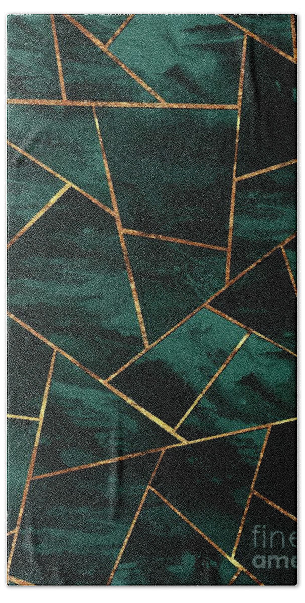 Graphic-design Hand Towel featuring the digital art Dark Teal Ink Copper Gold Geometric Glam #1 #geo #decor #art by Anitas and Bellas Art