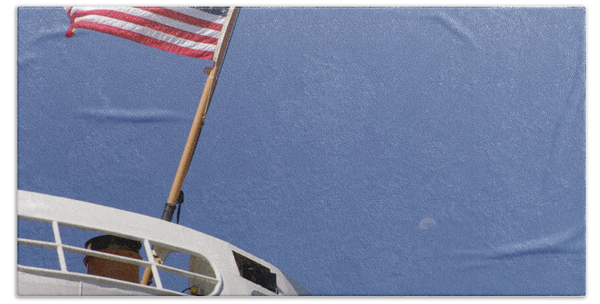 #coastguard #uscg #uscoastguard #gulfofmexico #usa #unitedstatesofamerica #wmec #wmec624 #cgcdauntless #sinmiedo #ntds #semperparatus #clearsky #clearbluesky #bluesky #moon #flag #oldglory #dauntless Hand Towel featuring the photograph Dauntless High n Dry by Charles Vice