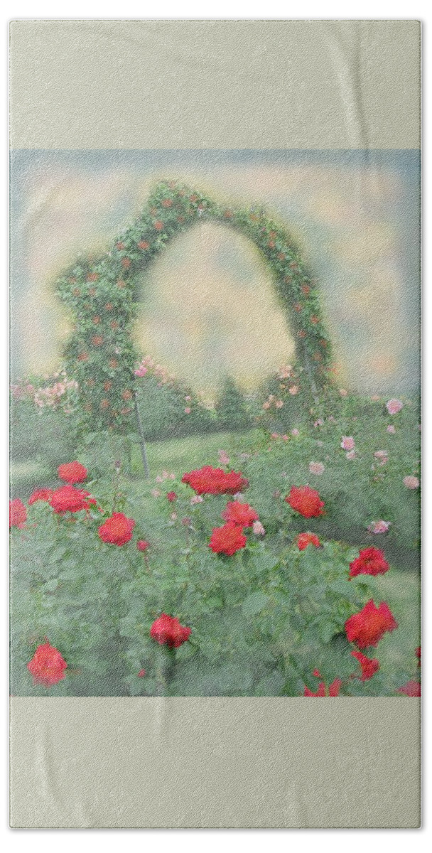 Rose Bath Towel featuring the photograph Dawn in the Rose Garden by Angela Davies