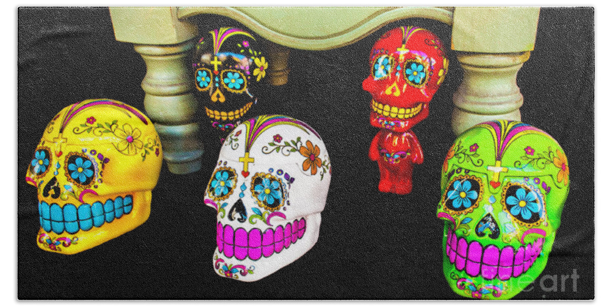 Day Of The Dead Bath Towel featuring the photograph Day Of The Dead Skulls by Frances Ann Hattier
