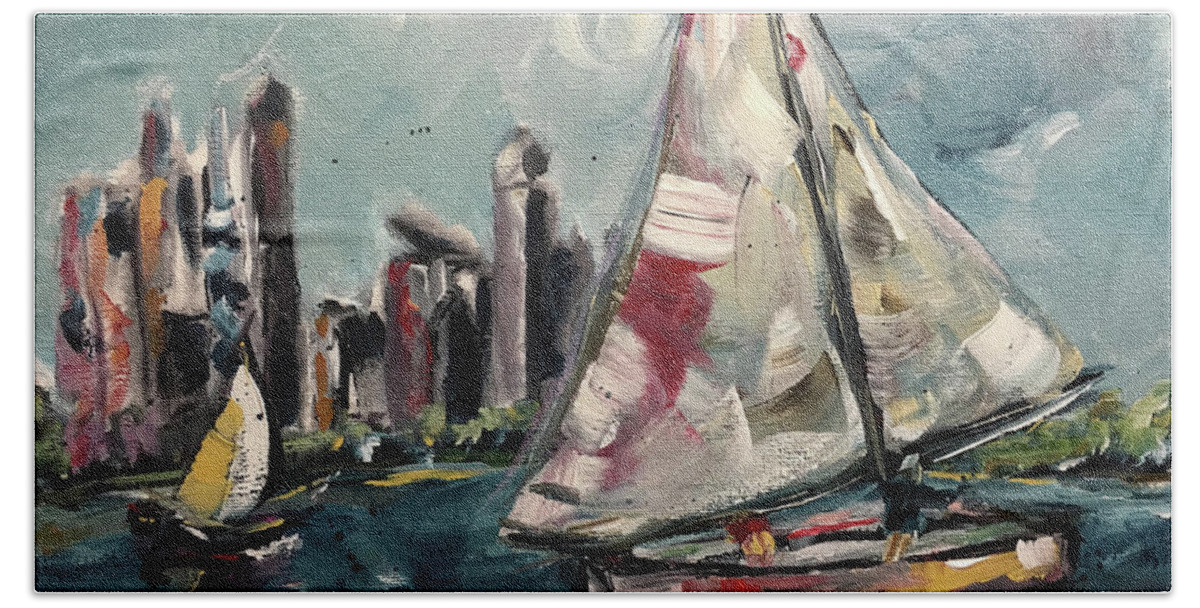 Sailboats Bath Towel featuring the painting Daytime Sailing Chicago by Roxy Rich