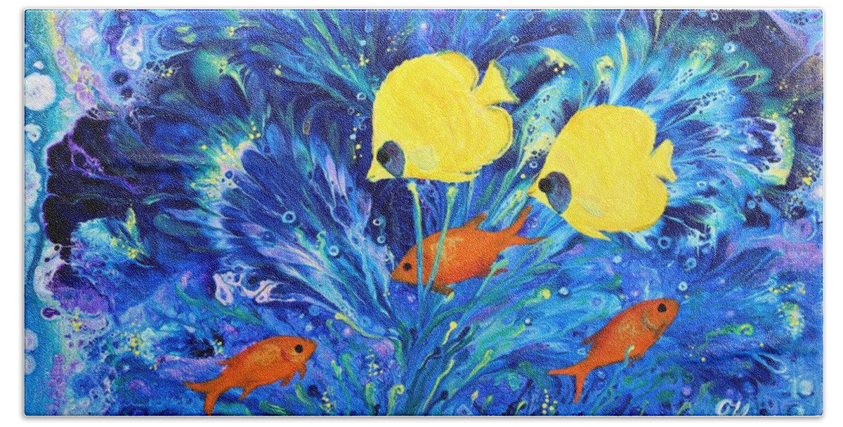 Wall Art Home Decor Deep Ocean Fish Yellow Fish Aquarium Gifts Ocean Sea Fish Sea Acrylic Abstract Painting Pouring Art Fluid Painting Acrylic Pouring Technique Art Red Fish Seaweed Bath Towel featuring the painting Deep Ocean by Tanya Harr