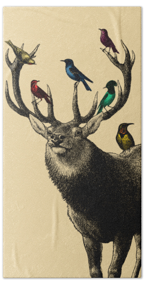 Deer Hand Towel featuring the digital art Deer Bird Decor by Madame Memento