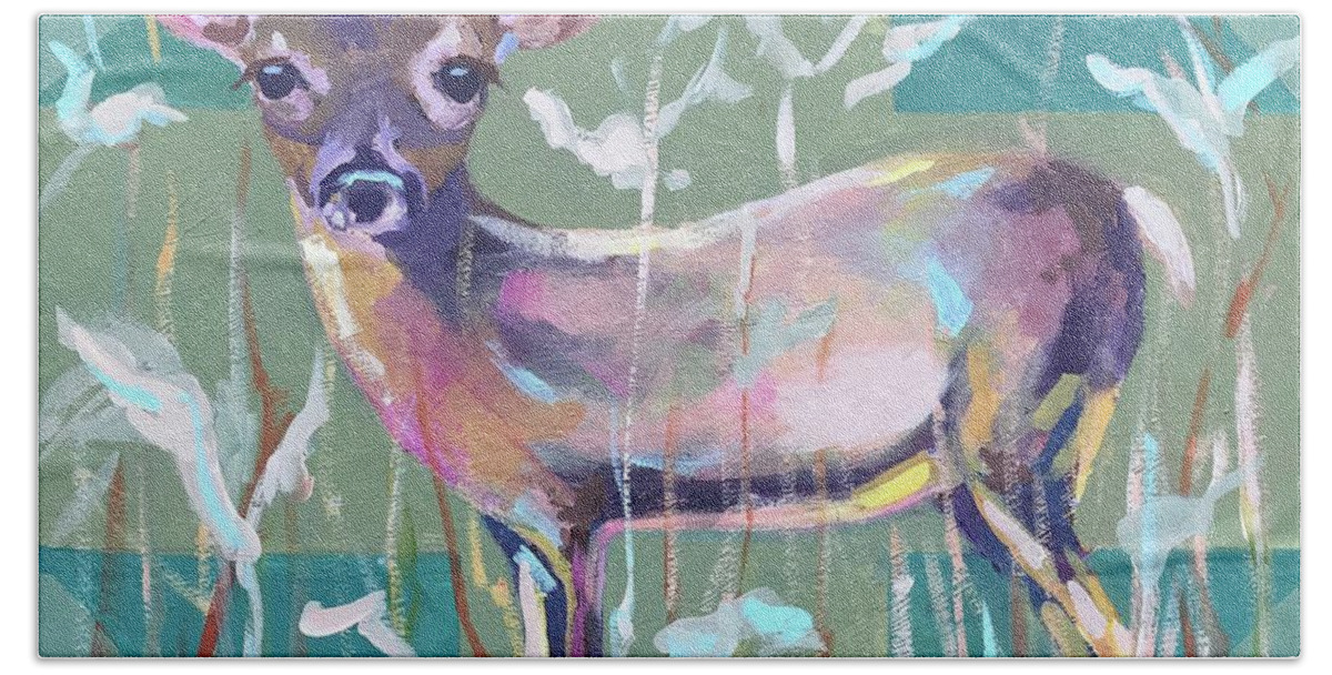 Deer Tracks Bath Towel featuring the painting Deer Tracks by Carol Berning