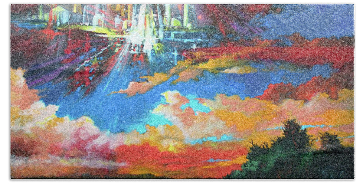 Surreal Hand Towel featuring the painting Descent of New Jerusalem by Pat Wagner