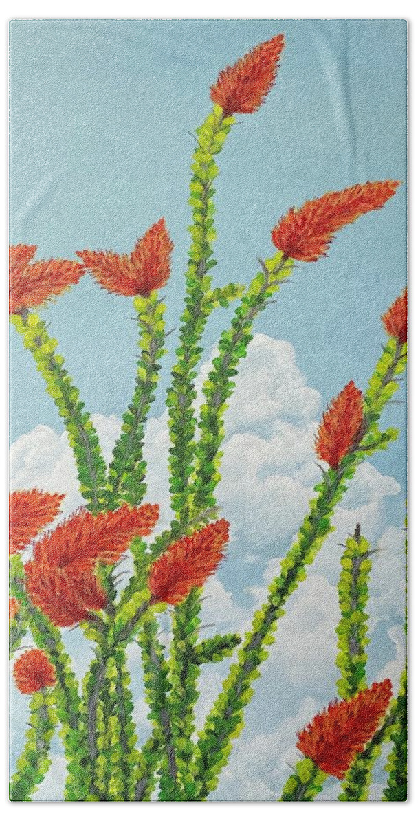 Red Hand Towel featuring the painting Desert Blooms-Dancing Reds by Renee Noel