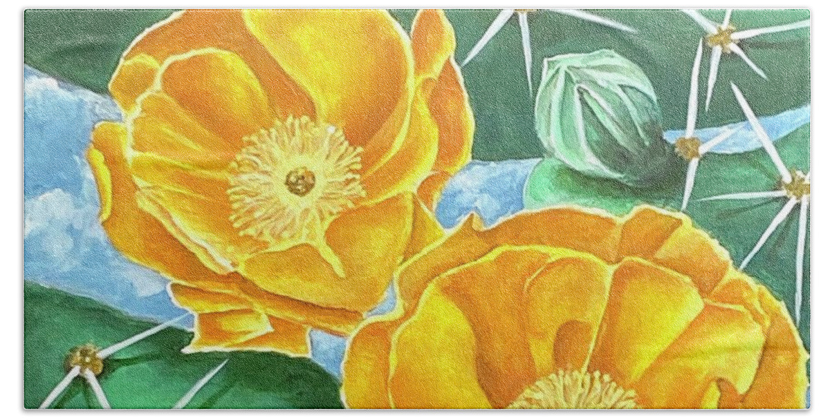 Cactus Hand Towel featuring the painting Desert Blooms-Tangerine by Renee Noel