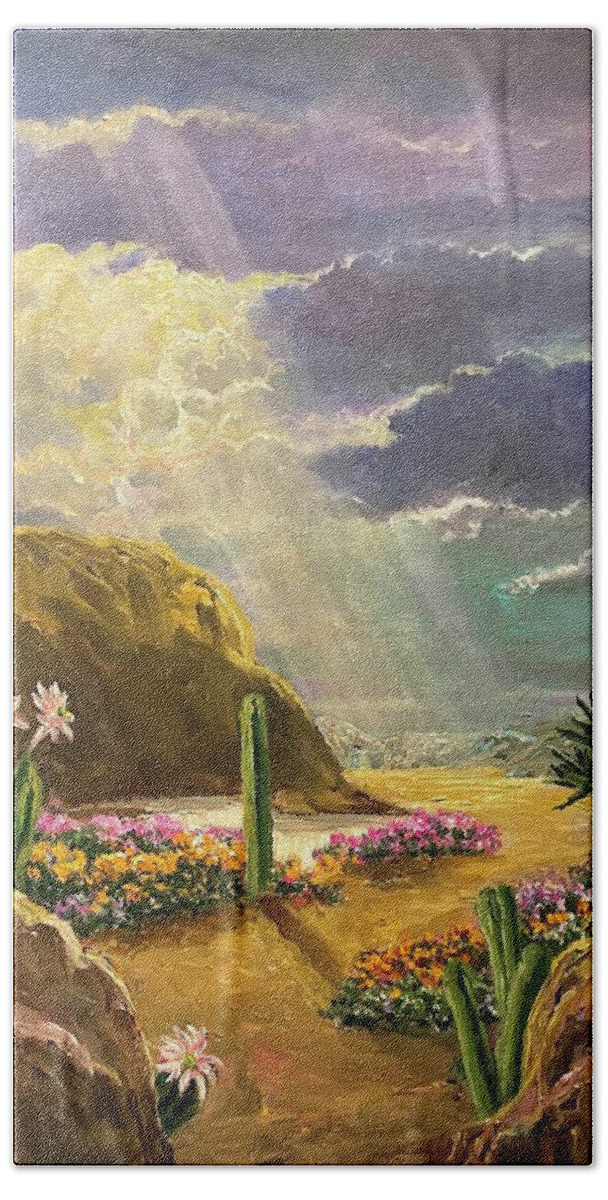 Desert Bath Towel featuring the painting Desert Trumpets by Rand Burns