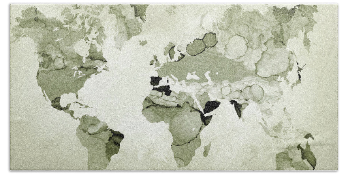 World Map Bath Towel featuring the mixed media Design 123 Olive Green World Map by Lucie Dumas