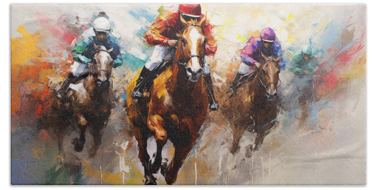 Horse Racing Hand Towel featuring the painting Determination of Champions by Lourry Legarde