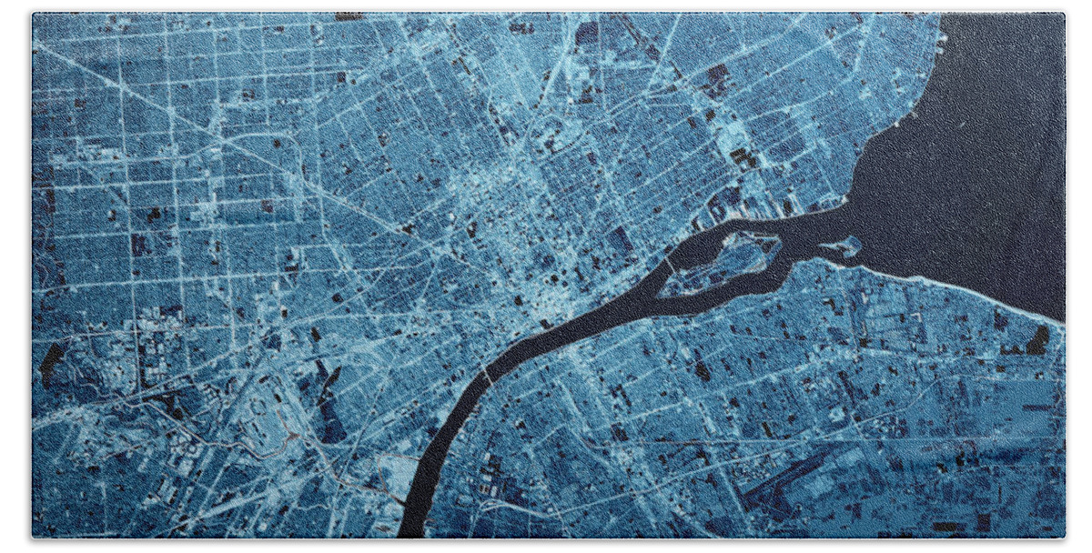 Detroit Hand Towel featuring the digital art Detroit Michigan 3D Render Map Blue Top View May 2019 by Frank Ramspott