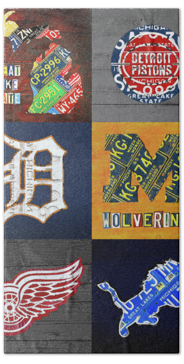 Detroit Bath Towel featuring the mixed media Detroit Sports Collage Tigers Pistons Wolverines Red Wings Lions Plus State Map by Design Turnpike