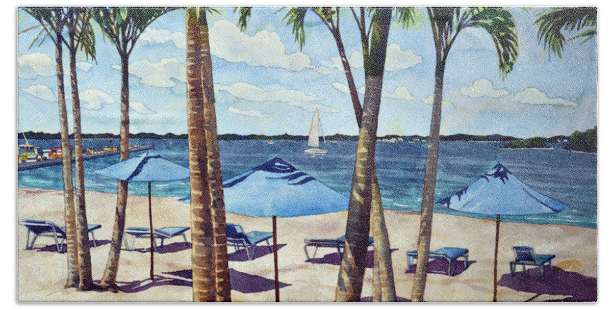 Beach Hand Towel featuring the painting Dewey's got the Blues by Mick Williams