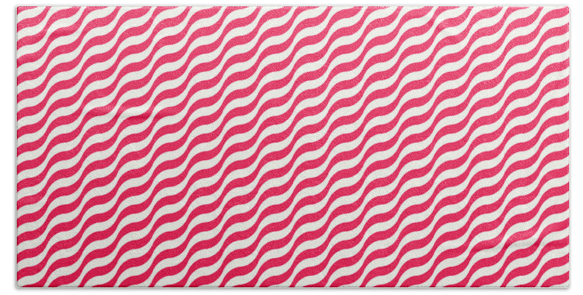 Pattern Hand Towel featuring the painting Diagonal Wavy Serpentine Stripe Pattern in Eggshell White And Ruby Pink n.2405 by Holy Rock Design