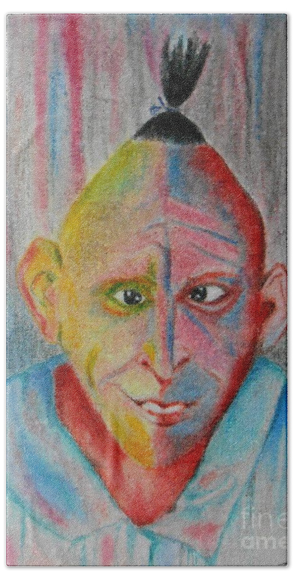 Microcephaly Bath Towel featuring the drawing Diamond in the Rough -- Whimsical Portrait of Developmentally Disabled Man by Jayne Somogy
