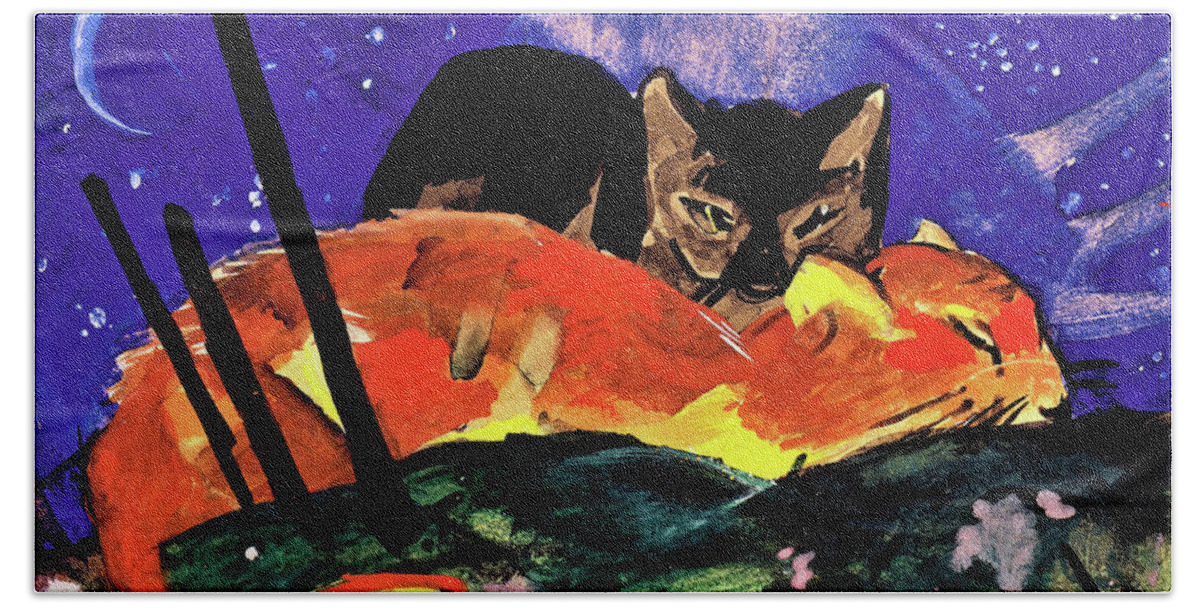 Franz Marc Hand Towel featuring the painting Digital Remastered Edition - The Two cats by Franz Marc
