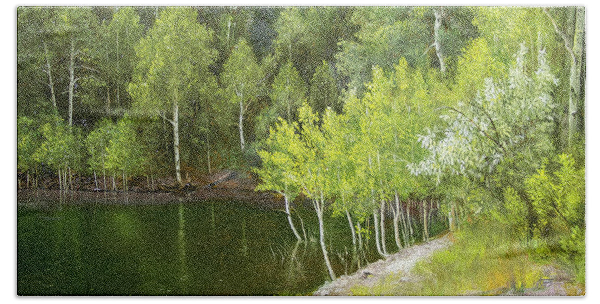 Lake Bath Towel featuring the painting Dinkel Lake by Hone Williams