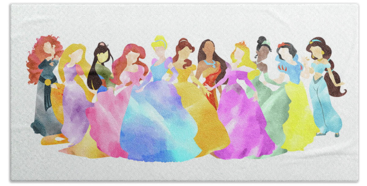Disney Hand Towel featuring the digital art Disney princesses colorful watercolor by Mihaela Pater