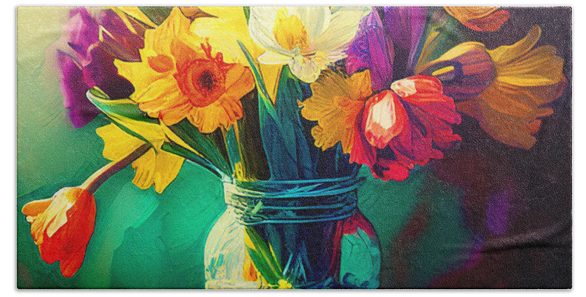 Daffodils Hand Towel featuring the mixed media Diversity of colors by Binka Kirova