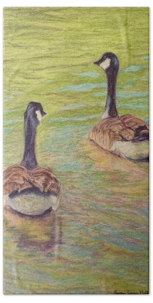 Two Geese Bath Towel featuring the mixed media Do You Know the Way by Susan Camp Hilton
