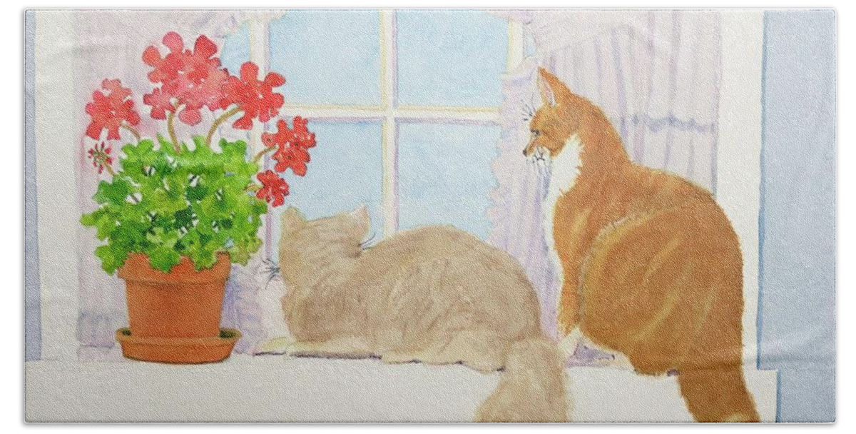 Cats Bath Towel featuring the painting Do You See What I See Outside by Mary Ellen Mueller Legault