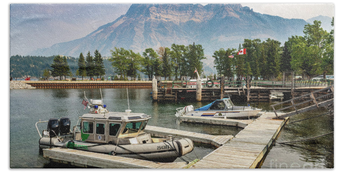 Waterton Lake Bath Towel featuring the photograph Dock at Warterton Lake with Boats by Roslyn Wilkins