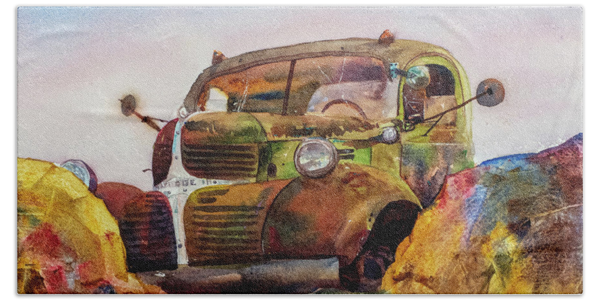 Truck Bath Towel featuring the painting Dodge On The Rocks by Cheryl Prather