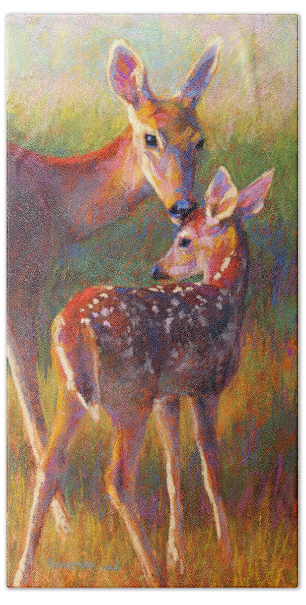 Doe Hand Towel featuring the pastel Doe and Fawn by Rita Kirkman