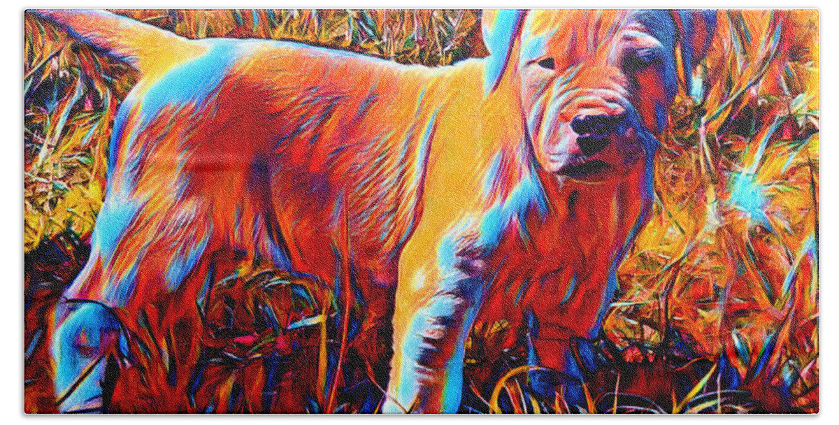 Puppy Bath Towel featuring the digital art Dogo Argentino puppy in the grass - colorful dark orange, red and cyan by Nicko Prints