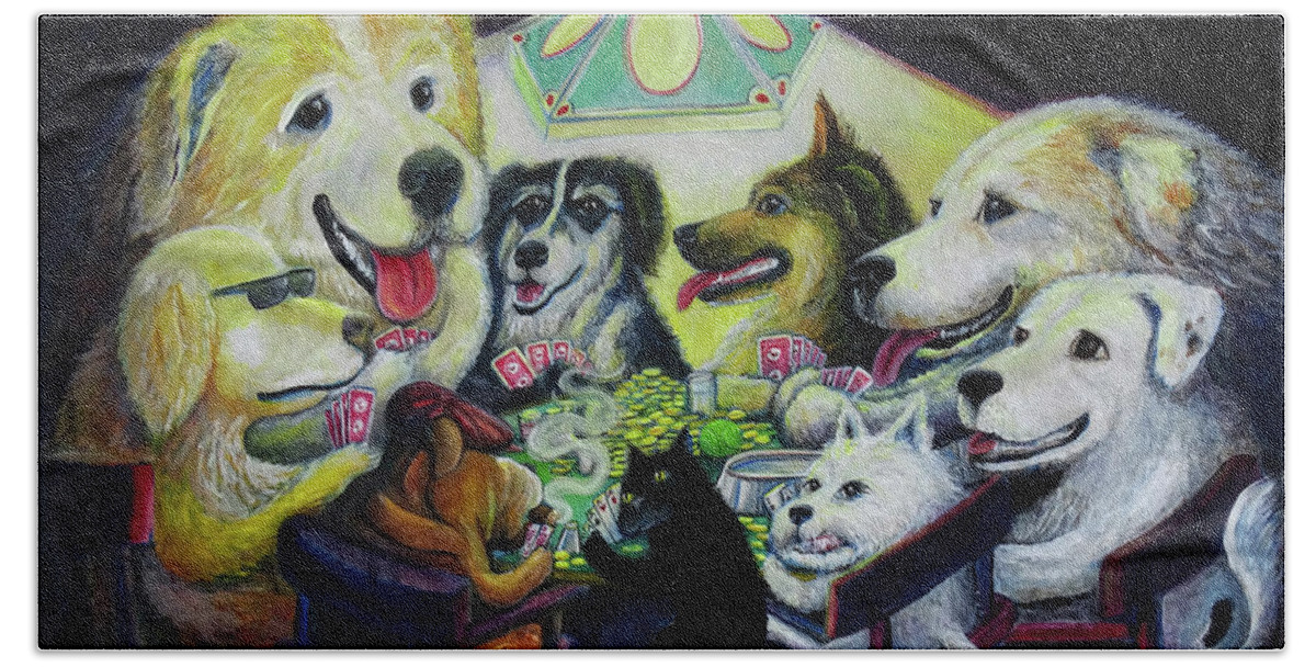 Dogs Hand Towel featuring the painting Dogs playing Poker by David Sockrider