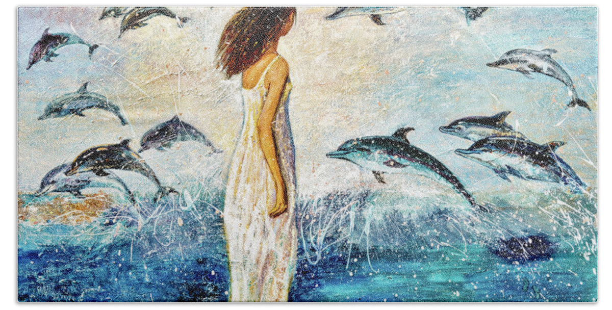 Dolphin Hand Towel featuring the painting Dolphin Bay by Shijun Munns