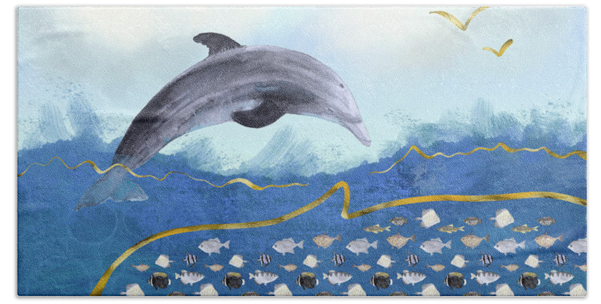 Dolphin Bath Towel featuring the digital art Dolphins Hunting Fish - Surreal Seascape by Andreea Dumez