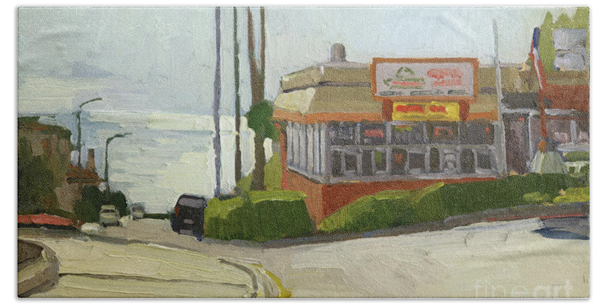 Don Bravo Bath Towel featuring the painting Don Bravo Grill and Cantina - La Jolla, California by Paul Strahm