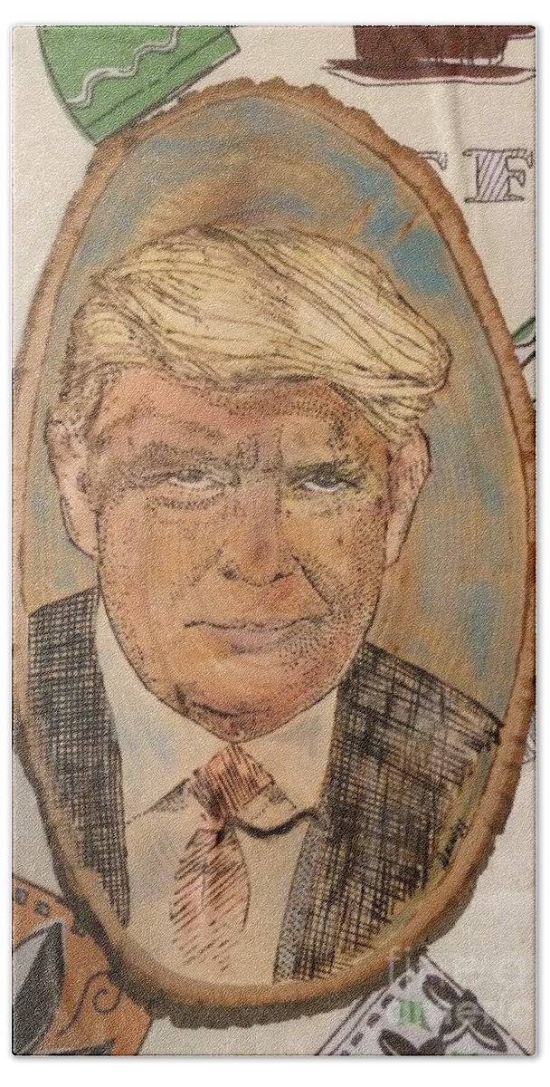 Donald Trump Hand Towel featuring the pyrography Donald Trump by Denise Tomasura