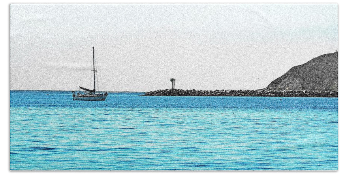 Travel Seascape Boat Beach Bodega Bay Northern California Coastline Ocean Jetty Surf Tide Blue Sky Fog Bank Waves Relaxing Summer Pastel Color Bath Towel featuring the photograph Doran Beach High Tide Summer by Richard Thomas
