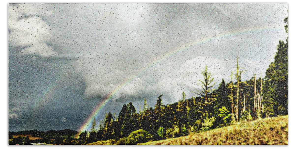 Rebecca Dru Bath Sheet featuring the photograph Double Rainbow Thru Rain Drops by Rebecca Dru