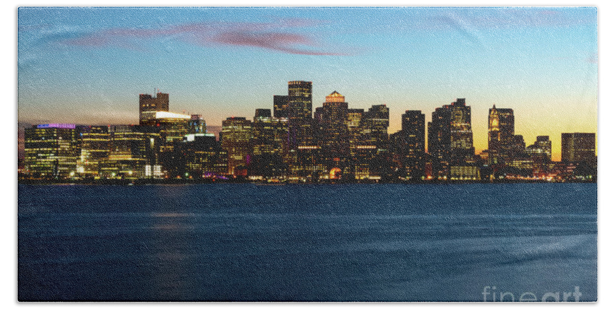 2014 Bath Towel featuring the photograph Downtown Boston Skyline at Night Sunset Photo by Paul Velgos