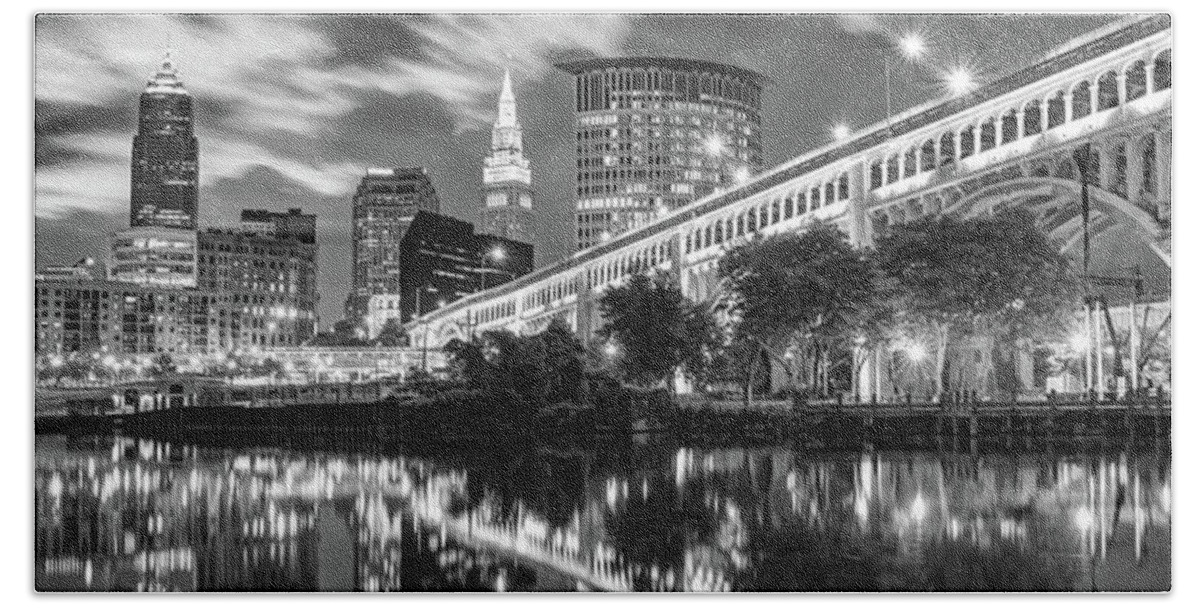 Cleveland Skyline Bath Towel featuring the photograph Downtown Cleveland Ohio Skyline Panorama - Black and White by Gregory Ballos