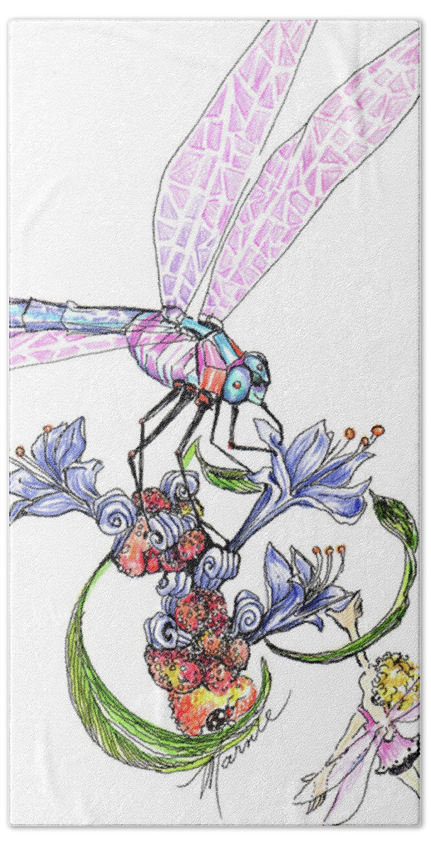 Fairy Collection Bath Towel featuring the drawing Dragon Fly by Marnie Clark