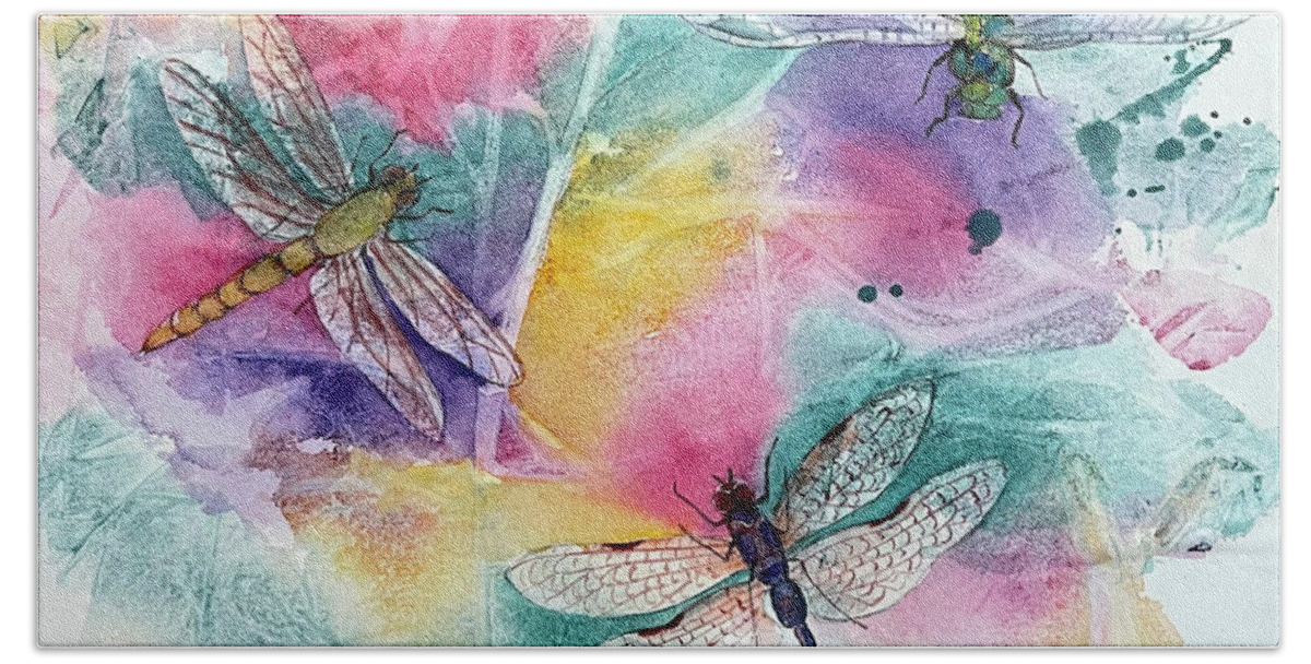 Dragonfly Hand Towel featuring the painting Dragonflies by Hilda Vandergriff